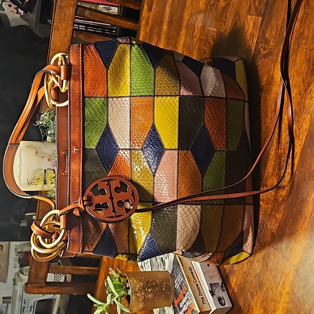 Tory Burch Farrah Snakeskin and Leather Patchwork Print Tote Bag